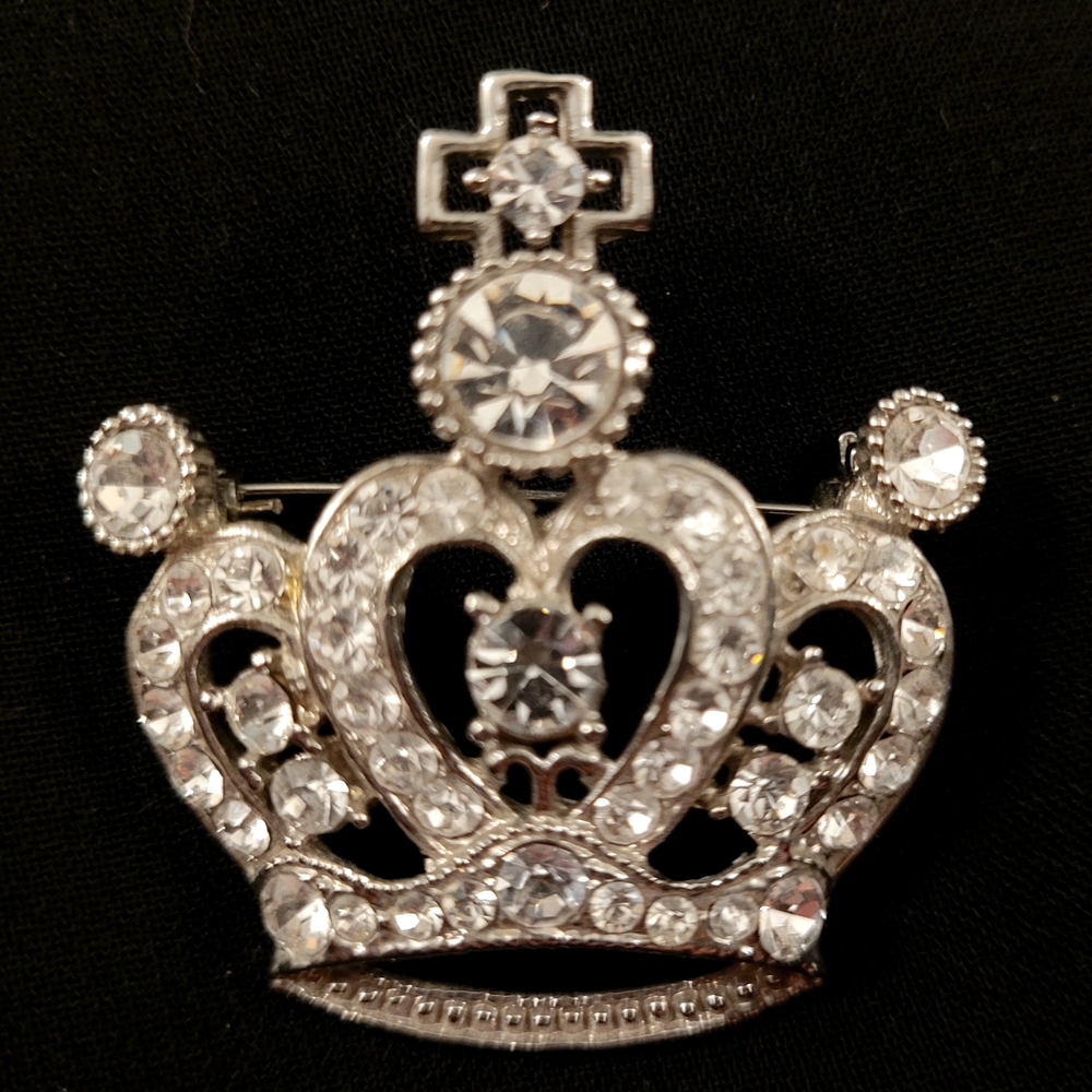 Silver Crown And Rhinestone Pin Brooch